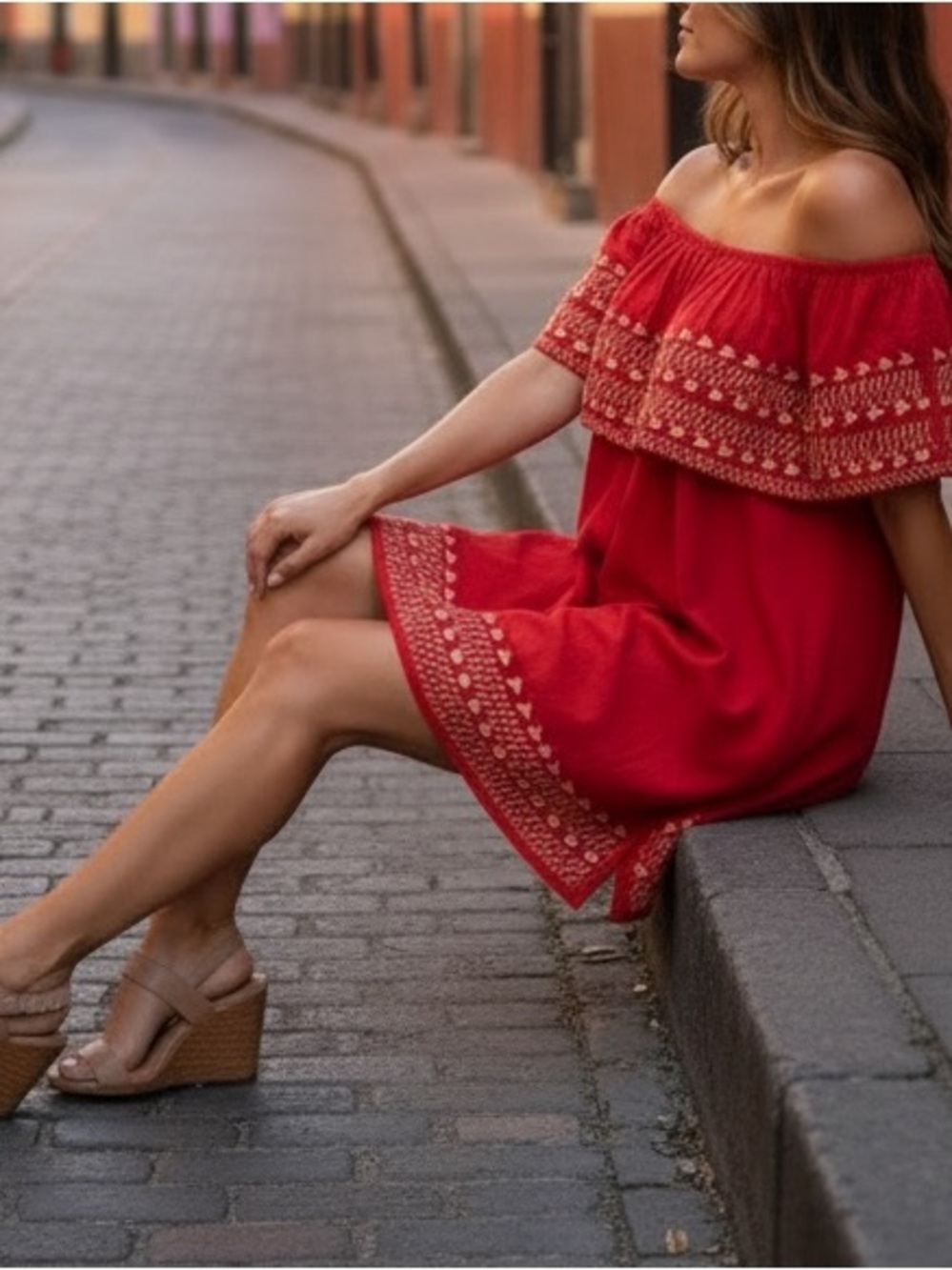 Women’s Red Off-Shoulder Embroidered Mini Dress - Picture 3 of 7
